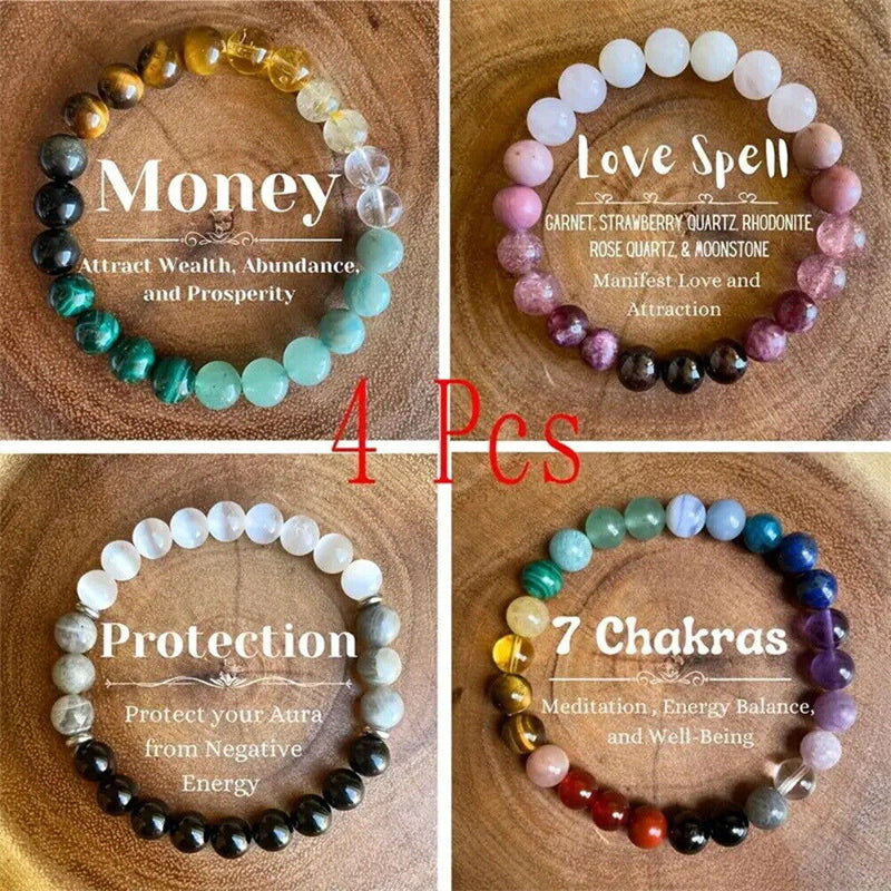 4pcs Natural Stone Bracelet Good Money Luck Health Green Malachite Tiger Eye