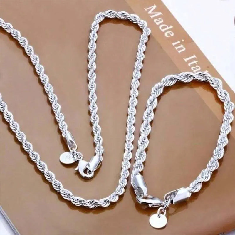 4mm Silver Color Twist Chain Necklace & Bracelet Set