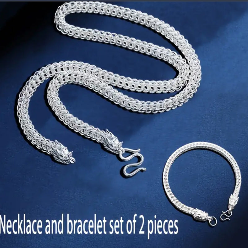Silver-Plated Double Dragon Head intricate Necklace & Bracelet