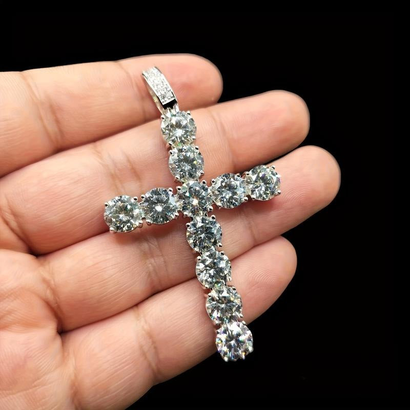Silver Moissanite Cross Pendant Necklace
